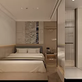 Modern Hotel Guest Room Interior With Comfortable Bed Wall Art And Attached Bathroom