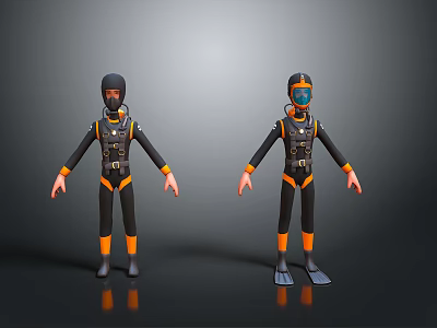 Weapon Equipped Scuba Diver 3D Models In Black Orange Suits With Masks And Fins 3d model Weapon Equipped Scuba Diver 3D Models In Black Orange Suits With Masks And Fins 3d model