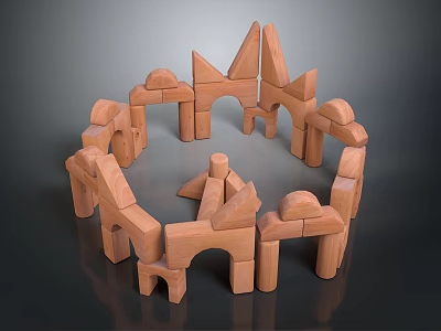 Wooden Doll Blocks Arranged in Circular Castle Shape with Playful Design 3d model