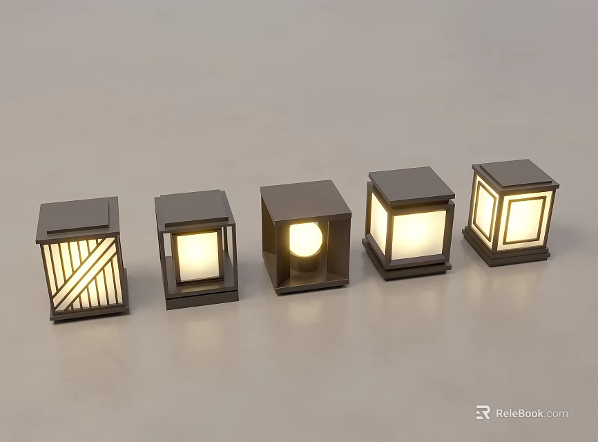 Square Outdoor Lights With Different Hollow Transparent Front Designs Dark Brown Black Casing Glowing Inner Bulbs Arranged On Grey Background 3d model 