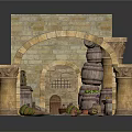 Rustic Medieval Stone Archway Structure With Columns Barrels And Clay Pots 3d model