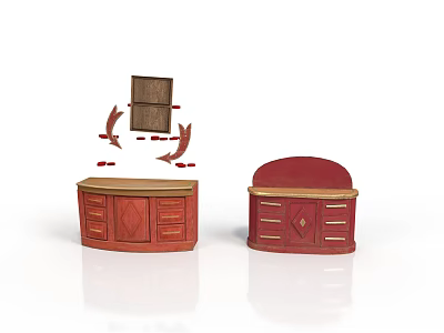 Red Curved Furniture with Drawers Cabinet Doors Shelf and Dressing Table 3d model