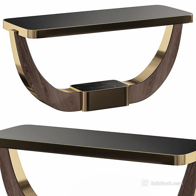 Modern Console Table With Wooden Frame Gold Metal Accents And Black Countertop 3d model 