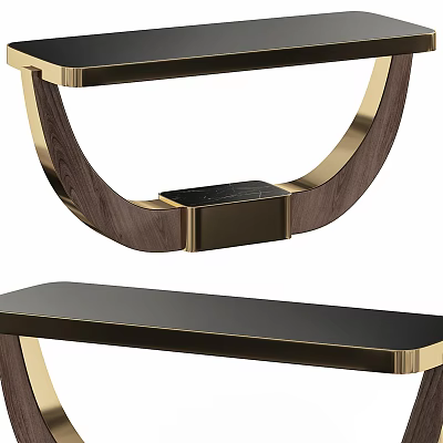 Modern Console Table With Wooden Frame Gold Metal Accents And Black Countertop 3d model