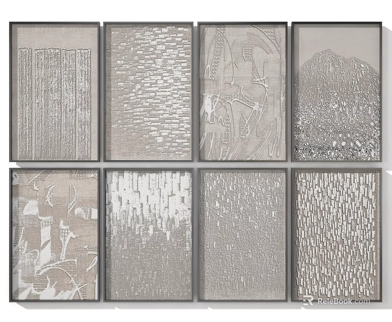 Eight Gray Textured Abstract Decorative Wall Art Panels For Modern Home 3d model