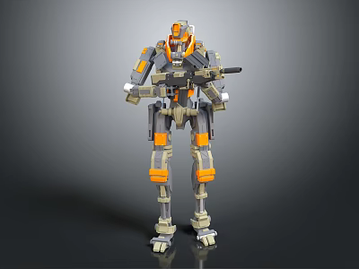 Gray And Orange Mechanical Robot Standing With Weapon And Armored Gear 3d model
