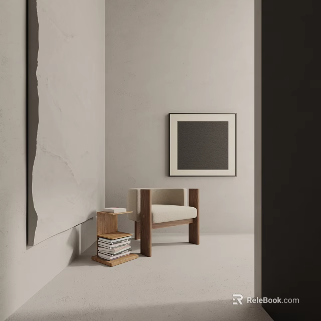 Modern Minimalist Leisure Chair with Wooden Side Table Stack of Books and Framed Wall Art 3d model 