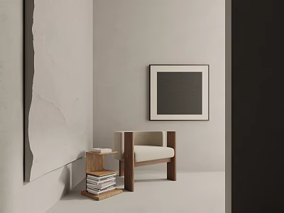 Modern Minimalist Leisure Chair with Wooden Side Table Stack of Books and Framed Wall Art 3d model