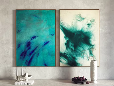 Abstract Teal Green Paintings On Wall With Decorative Vase Fruits And Books 3d model