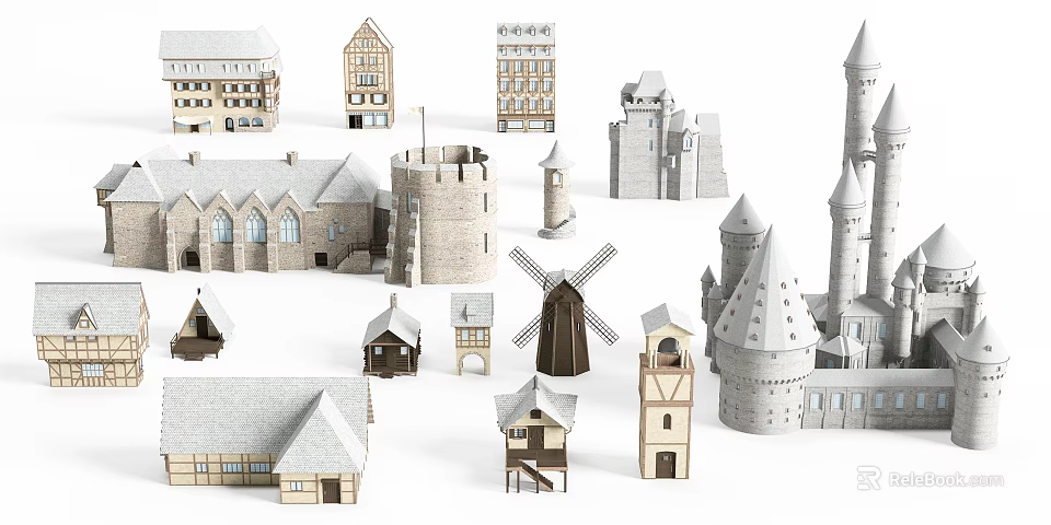 Ancient Architecture Collection Featuring Castle Windmill Church Tower and Historic Buildings 3d model 