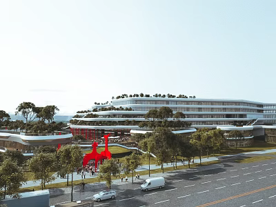 Modern Commercial Complex With Green Roof Surrounding Trees Red Sculpture And Road 3d model