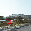 Modern Commercial Complex With Green Roof Surrounding Trees Red Sculpture And Road