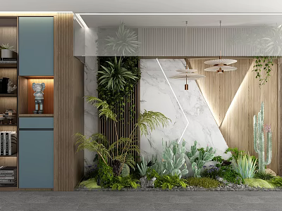 Indoor Garden Decor with Green Plants Succulents Cactus Hanging Lights Marble Wall and Wooden Decor 3d model