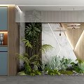 Indoor Garden Decor with Green Plants Succulents Cactus Hanging Lights Marble Wall and Wooden Decor