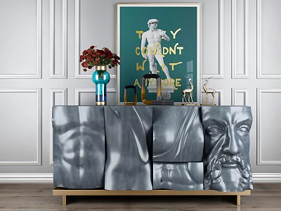 Entryway Silver Console Cabinet With Carved Face Design Gold Accents And Floral Vase 3d model