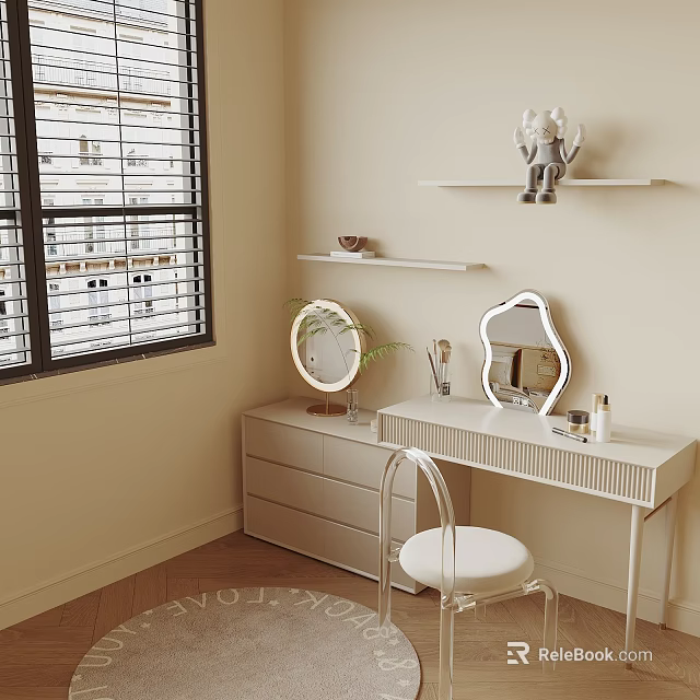 Modern Dressing Table with Dual Mirrors White Chair Cosmetic Bottles and Wall Shelves by Window 3d model 