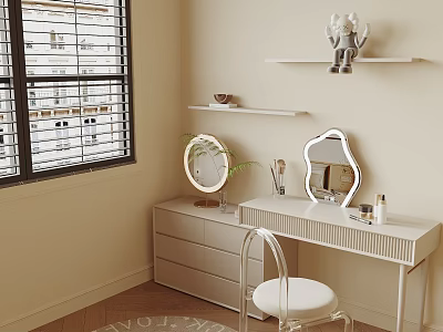 Modern Dressing Table with Dual Mirrors White Chair Cosmetic Bottles and Wall Shelves by Window 3d model