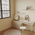 Modern Dressing Table with Dual Mirrors White Chair Cosmetic Bottles and Wall Shelves by Window