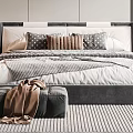 Modern Gray Double Bed with Striped Polka Dot Pillows Plaid Quilt and Bench
