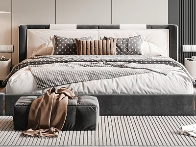 Modern Gray Double Bed with Striped Polka Dot Pillows Plaid Quilt and Bench 3d model