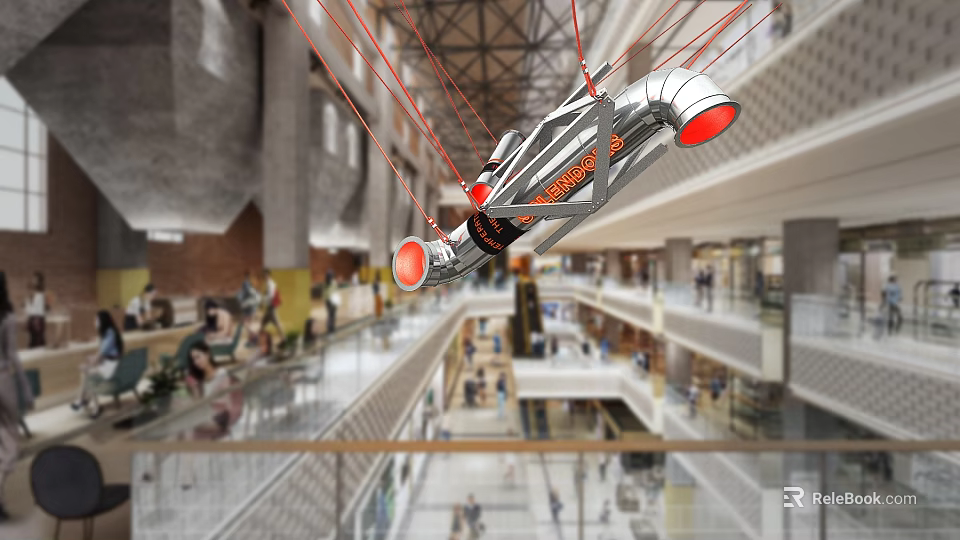 Modern Metallic Pendant Chandelier with Red Accents in Multi Level Shopping Mall Atrium 3d model 