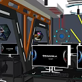Modern Cyber Cafe Interior With Gaming Computers Ergonomic Chairs And LED Light Design 3d model
