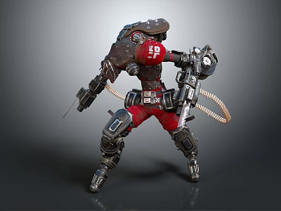 Futuristic Smart Machine With Mechanical Armor Red Combat Gear And Limb Attachments 3d model