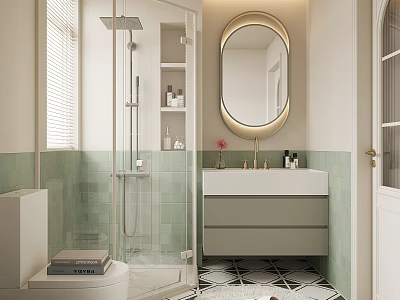 Modern Bathroom With Glass Shower Backlit Round Mirror Light Green Tiles Vanity And Patterned Floor 3d model