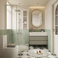Modern Bathroom With Glass Shower Backlit Round Mirror Light Green Tiles Vanity And Patterned Floor