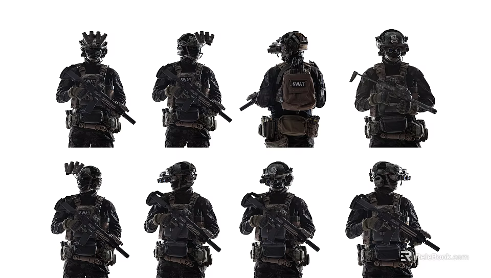 Men In Tactical Gear With Helmets Holding Weapons And Various Equipment 3d model 