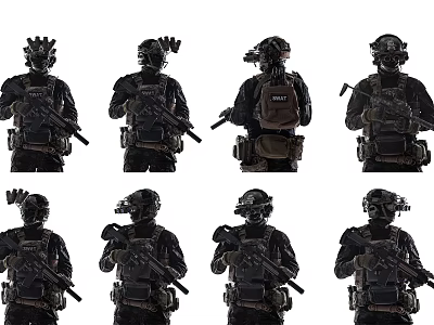 Men In Tactical Gear With Helmets Holding Weapons And Various Equipment 3d model