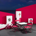 Mahjong Themed Interactive Area With Red Chairs Table And White Tiles 3d model
