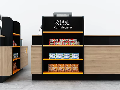 Modern Cash Register Counter With Wooden Shelves Displaying Snacks And Beverages Products 3d model