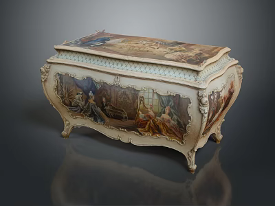 Vintage Decorative Storage Chest With Painted Illustrations And Carved Details 3d model