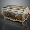Vintage Decorative Storage Chest With Painted Illustrations And Carved Details