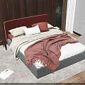 Double Bed with Red Tufted Headboard Pillows and Blankets Wooden Wall Sea View Window