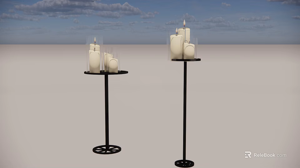 Decorative Candle Holders With White Candles On Black Metal Stands 3d model 