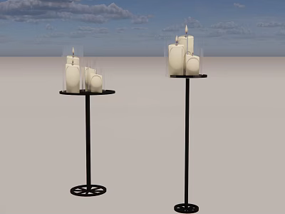 Decorative Candle Holders With White Candles On Black Metal Stands 3d model