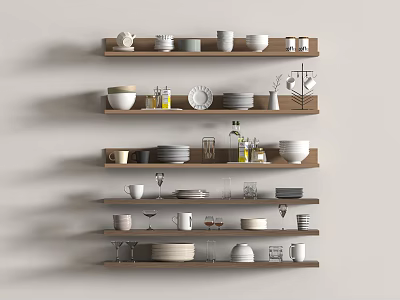 Modern Dinnerware Set With Bowls Plates Mugs Glasses And Bottles On Wooden Shelves 3d model