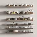 Modern Dinnerware Set With Bowls Plates Mugs Glasses And Bottles On Wooden Shelves