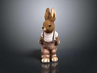 Brown Rabbit Figurine With Long Ears Wearing White Shirt And Overalls Standing On Dark Background 3d model