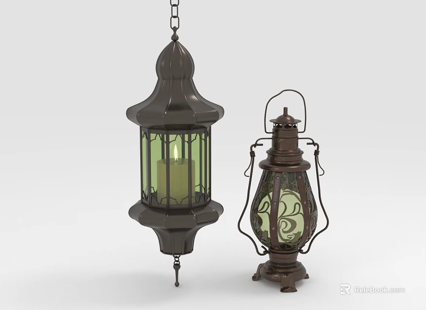 Vintage Metal Lanterns With Glass Decor Hanging And Standing Furniture Pieces 3d model 