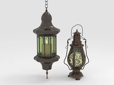 Vintage Metal Lanterns With Glass Decor Hanging And Standing Furniture Pieces 3d model