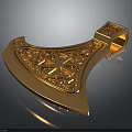 Ornate Golden Axe Weapon With Intricate Carved Patterns And Decorative Details