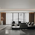 Modern Living Dining Room Interior Design With Large Windows Sofa Coffee Table And Chairs