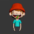 Cartoon Kid Wearing Red Hat And Blue T-Shirt Sticking Out Tongue With Green Leaf