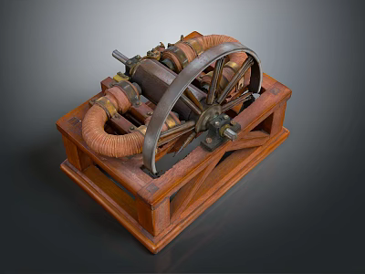 Vintage Mechanical Device With Wooden Base Metal Wheel And Brass Pipes 3d model