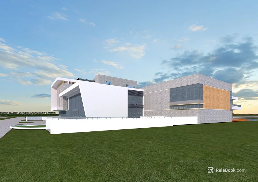 Modern Single Family House Exterior With White Gray Facade Large Glass Windows And Green Lawn 3d model 