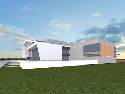 Modern Single Family House Exterior With White Gray Facade Large Glass Windows And Green Lawn 3d model