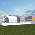 Modern Single Family House Exterior With White Gray Facade Large Glass Windows And Green Lawn